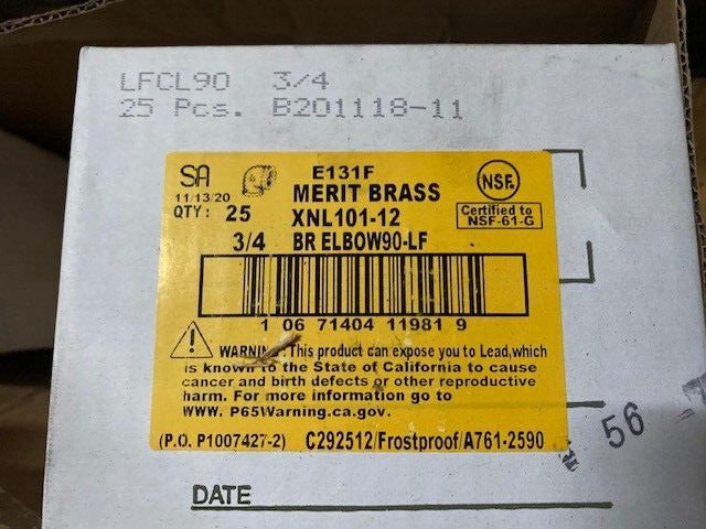(25 PACK) Merit Brass XNL101-12 Lead Free Brass Pipe Fitting, 90 Degree Elbow