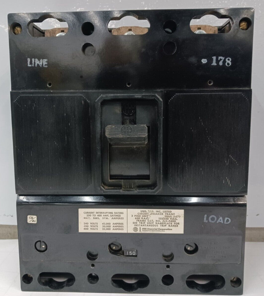 SIEMENS 400 AMP CIRCUIT BREAKER 3 POLE 600 VAC JL3-F400 W/ 150 AMP TRIP