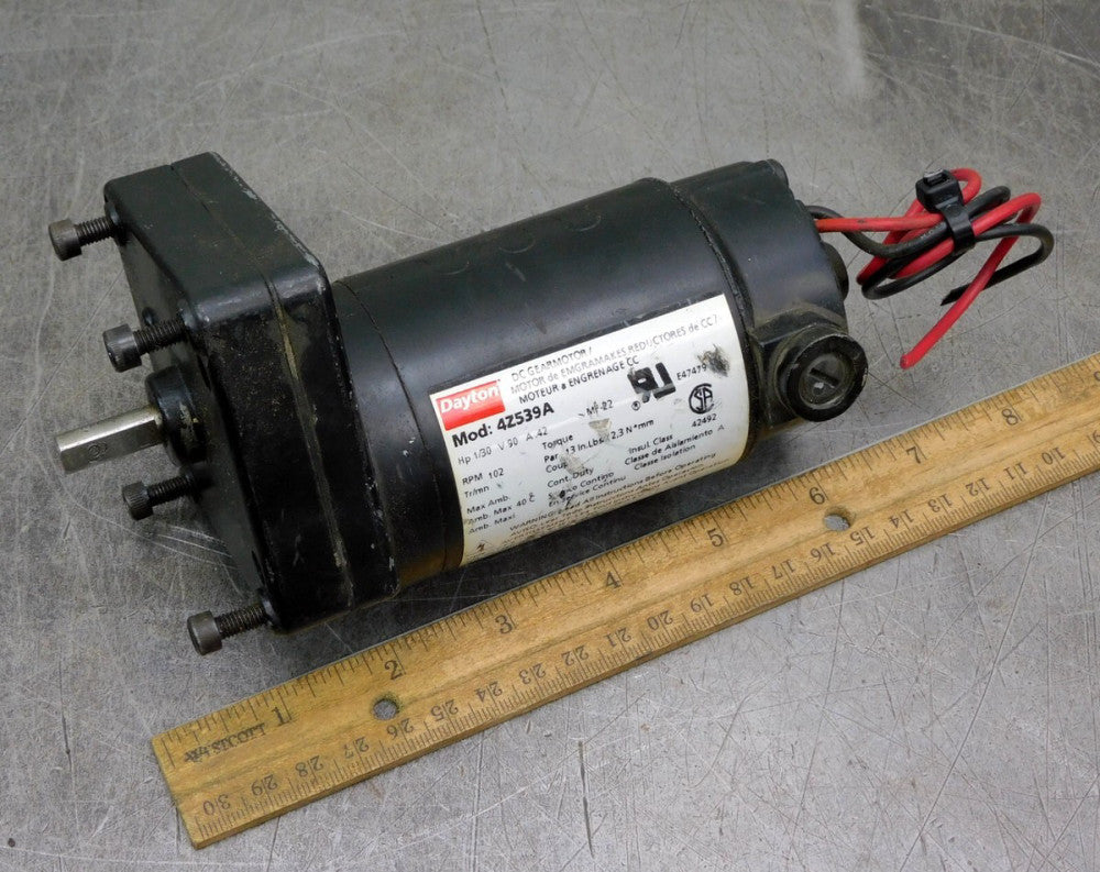 Dayton 4Z539A Permanent Magnet DC Gear Motor 1/30HP 90V .42A 13 in.lbs 102 RPM