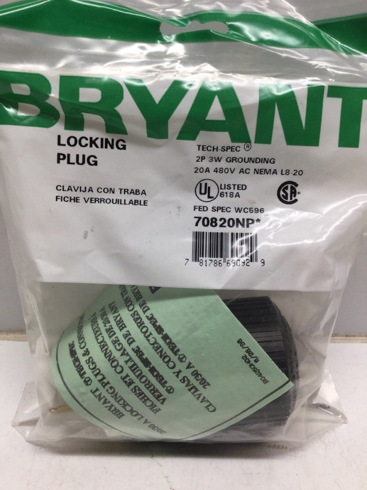 BRYANT 70820NP Locking Plug 20A 480V 2P 3W NEMA L8-20