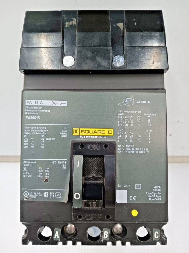Square D 15 Amp I-Line Circuit Breaker 3 Pole 600 VAC / 250 VDC FA36015 *Green*