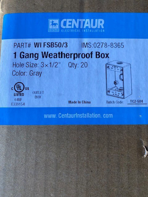 (20 PACK) Centaur WI FSB50/3 1 GANG WEATHERPROOF BOX 2" DEEP 3 X 1/2" HOLE