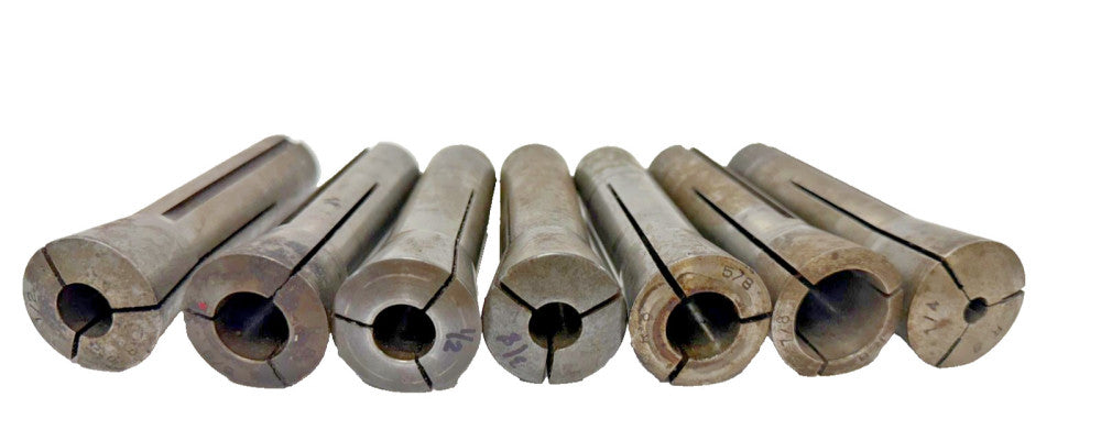R8 STEEL COLLET LOT OF 7 4" HEIGHT 2X1/2"5/8"3/8"5/8"7/8"1/4"