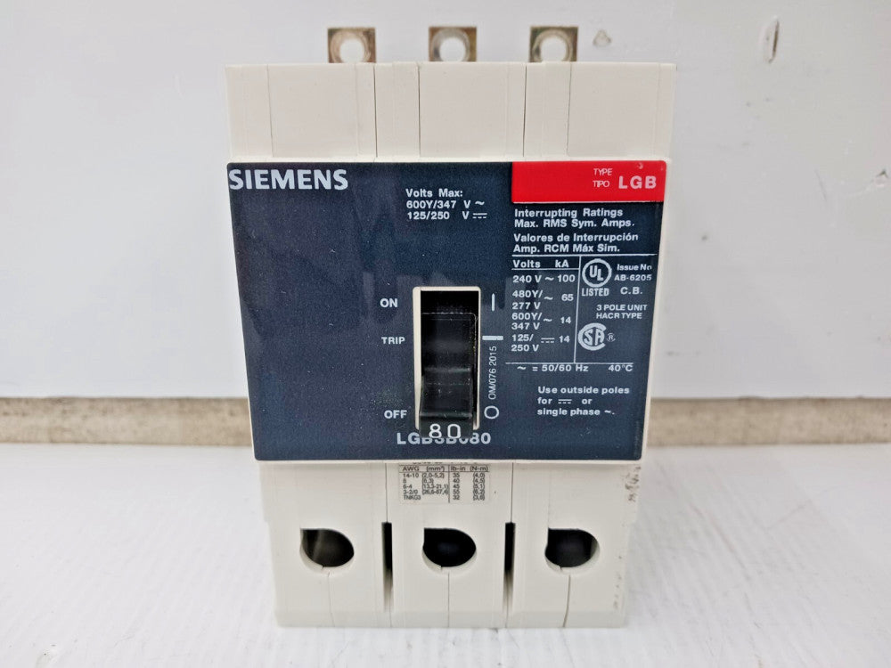 SIEMENS 80 AMP BOLT-ON CIRCUIT BREAKER 3 POLE 600Y/347 VAC LGB3B080