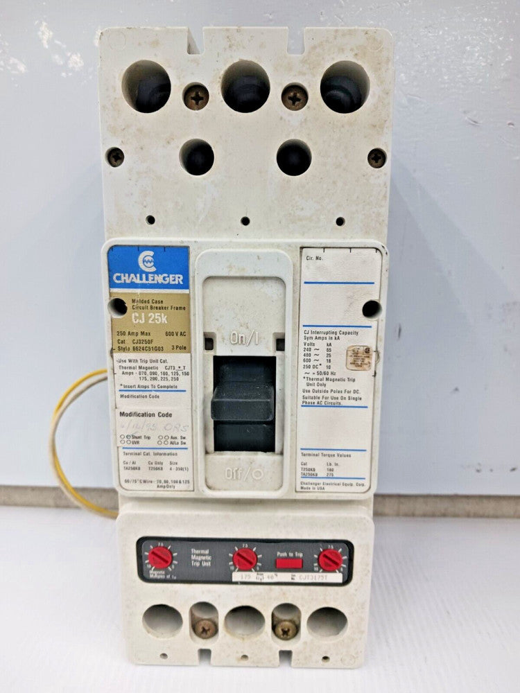CHALLENGER 250 AMP CIRCUIT BREAKER 3P 600V CJ3250F W/ 175 A TRIP AND SHUNT TRIP