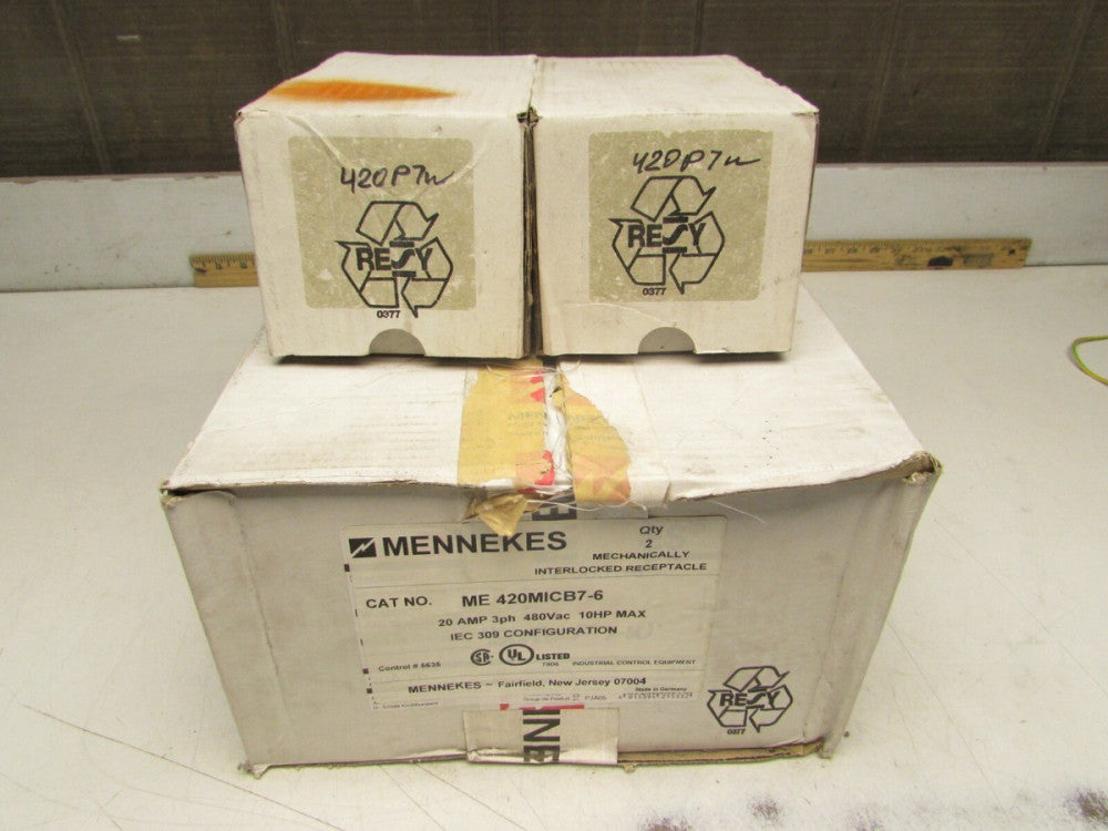 2QTY MENNEKES ME420MICB7-6 PIN&SLEEVE INTERLOCKED RECEPTACLE 20A 3PH 480V 10HP