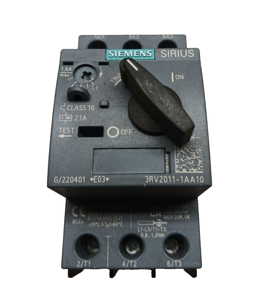SIEMENS 3RV2011-1AA10 MOTOR STARTER CIRCUIT BREAKER 1.1 - 1.6 A