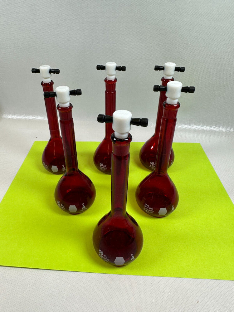 Kimax 50mL RAY-SORB Red Glass A TC Volumetric Flask and PE Stopper #9, 28016-50