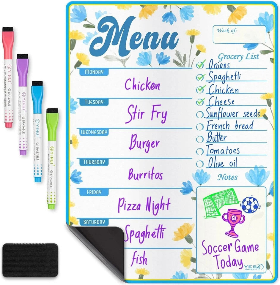 Magnetic Dry Erase Menu Board for Fridge (Flowers, 16x12) - Weekly 16x12"