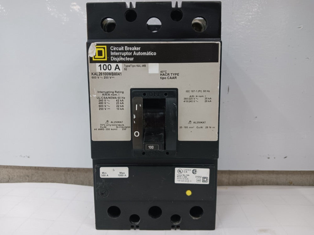 SQUARE D 100 AMP CIRCUIT BREAKER 2 POLE 600 VAC KAL26100WB8041