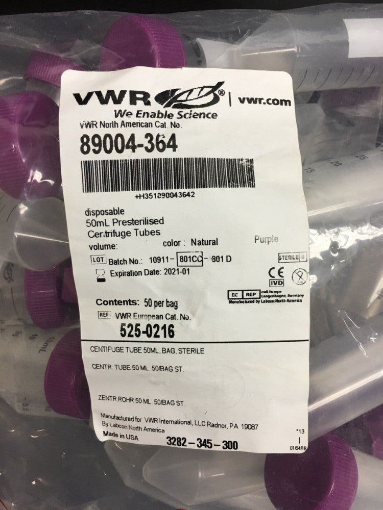 VWR Cat No 89004-364 Presterilised Centrifuge Tubes 50mL Lot 23 PCS