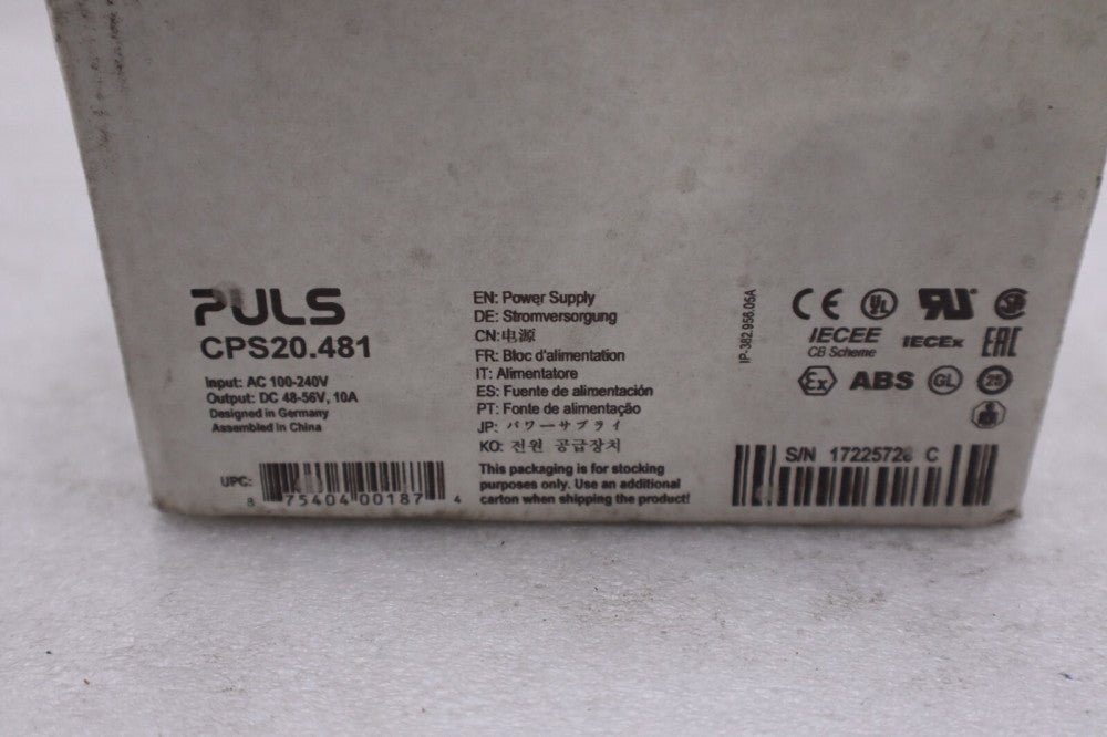 Puls CPS20.481 Power Supply, 1-Phase, 120-240VAC, 48VDC 10A 480W NEW IN BOX H450