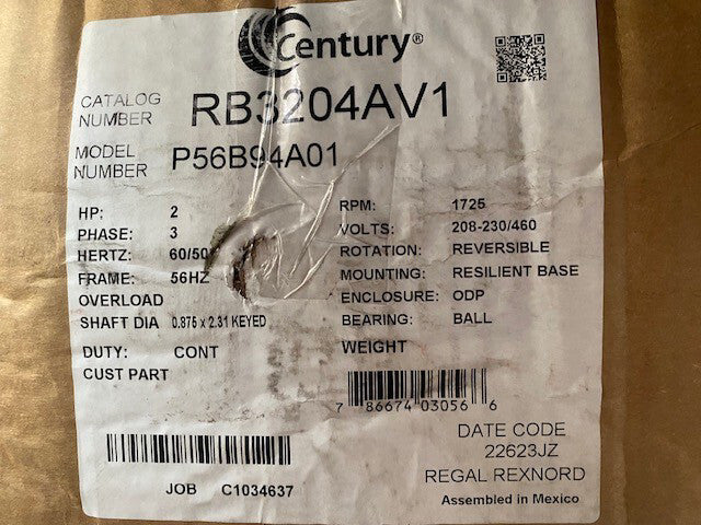CENTURY RB3204AV1 BLOWER MOTOR, 208-230/460V AC, 3-PHASE, 2 HP, 48Y959 (NEW)