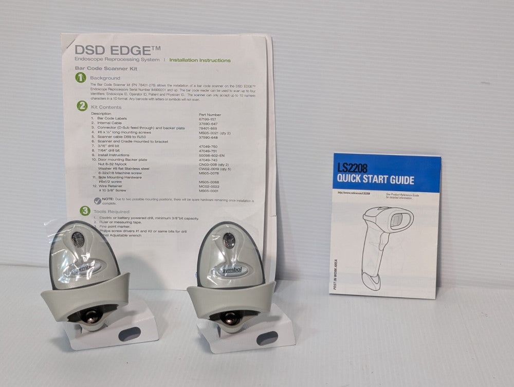 (2) LS2208 Zebra Barcode Scanners, LS2208-SR20001R-NA, DSD Edge Mount Brackets