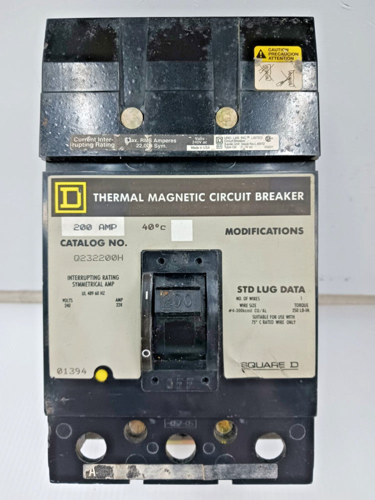 SQUARE D 200 AMP I-LINE CIRCUIT BREAKER 3 POLE 240 VAC Q232200H