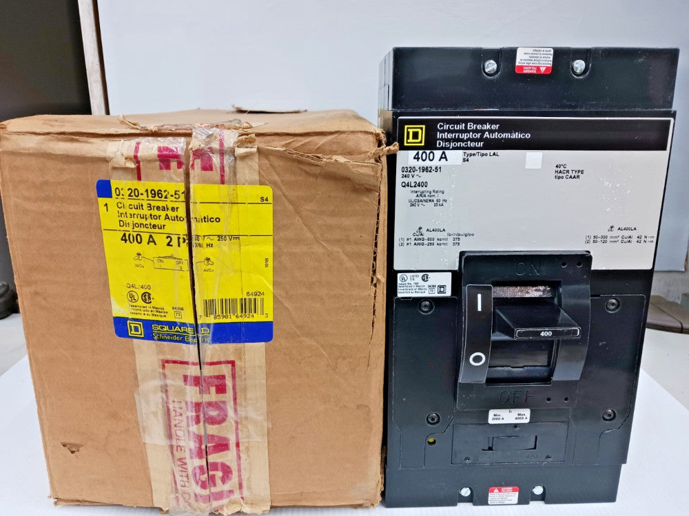 Square D 400 Amp Circuit Breaker 2 Pole 240 VAC 25kA 0320-1962-51 / Q4L2400