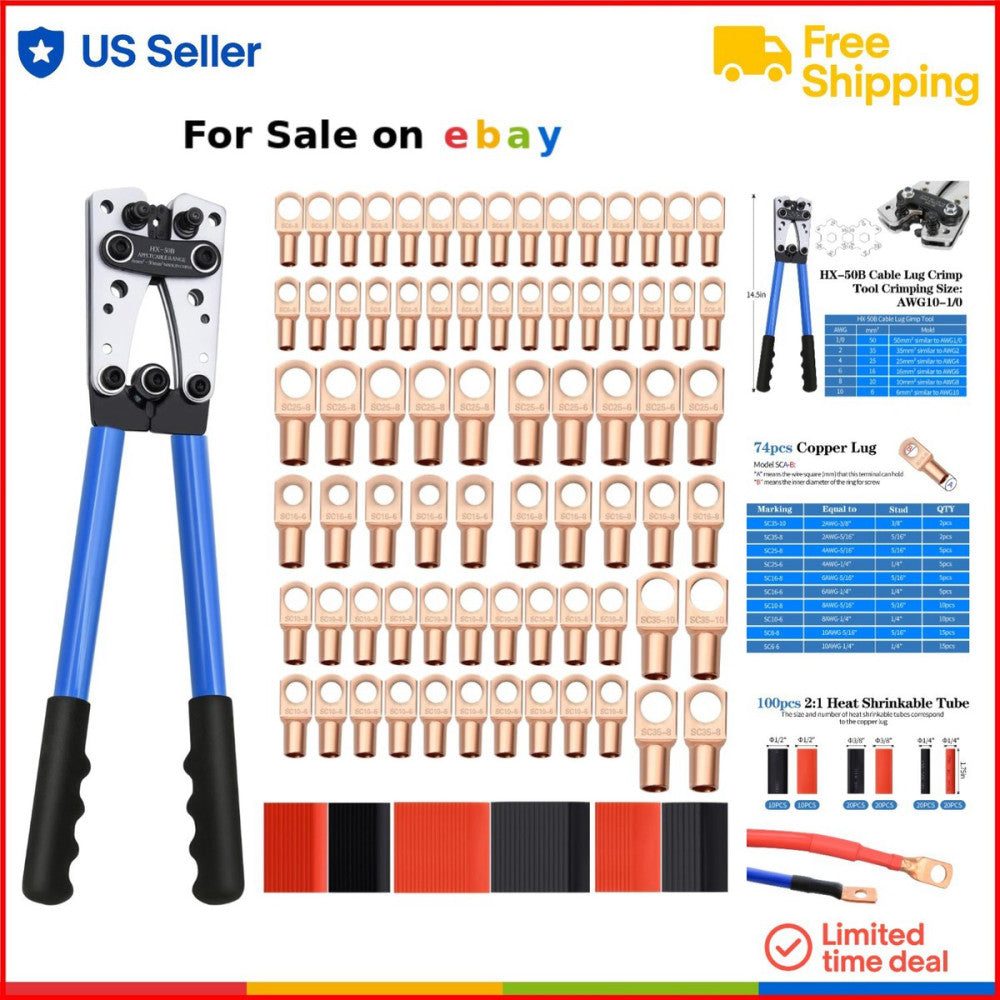 Cable Lug Crimping Tool Copper Lugs Heat Shrink Tubing Electrical DIY High-Qu...