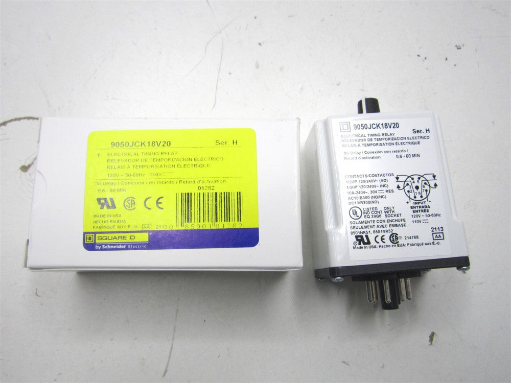 Square D (9050JCK18V20) 0.66 min Delay, 110 VDC & 120 VAC DPDT Time Delay Relay