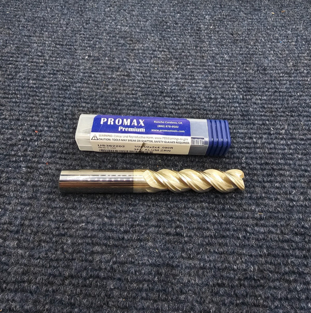PROMAX US362202: End Mill 1/2x1/2x2x4 .090R Radius 3 Flute Solid Carbide