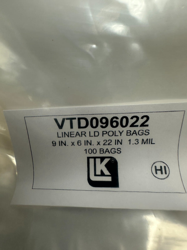 LK - Elkay Plastics VTD096022 Linear Poly Bags 9"x 6"x 22" 1.3mil (Lot of 100)