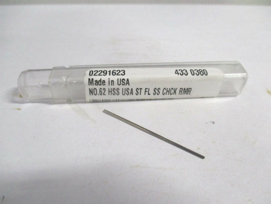 (433-0.0380) #62 1/2" x 1-1/2" OAL Straight Shank HSS 3-Flute Chucking Reamer 