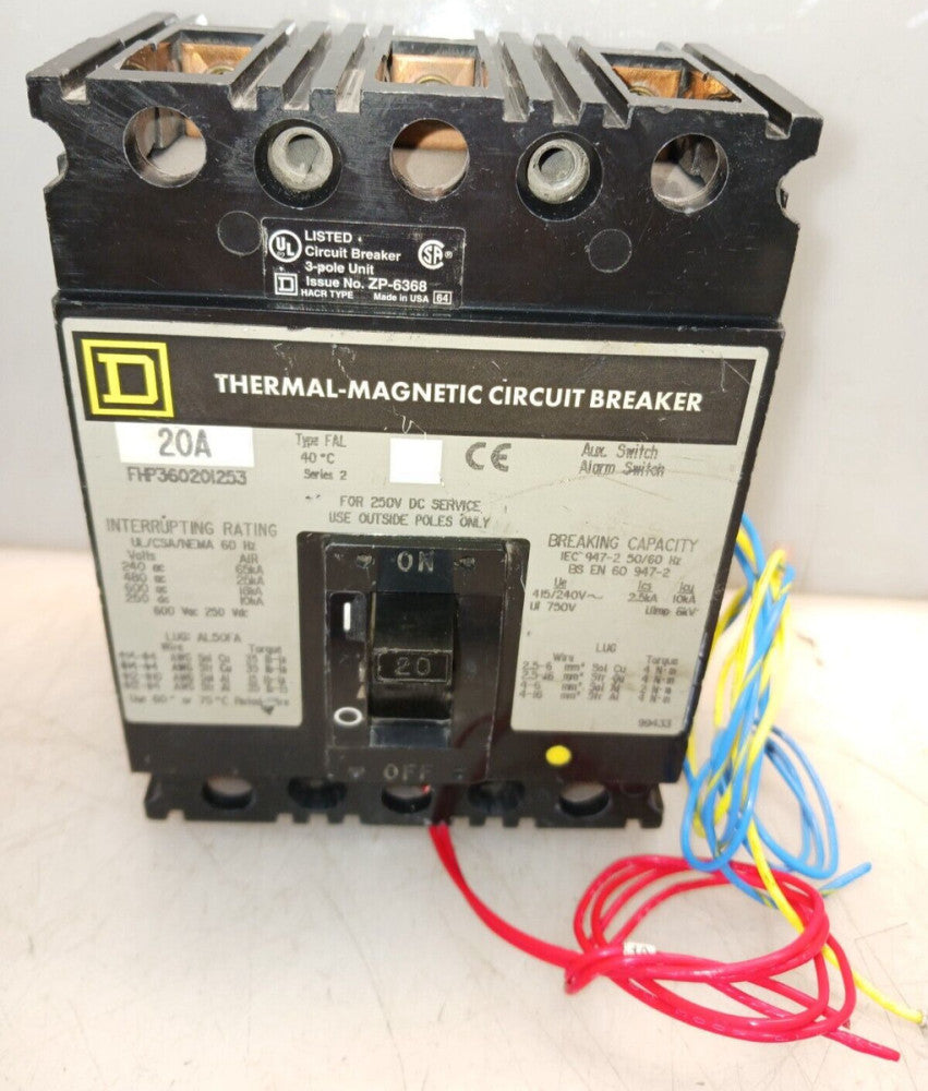 Square D 20 Amp Circuit Breaker W/ Alarm & AUX Switch 3 Pole 600V  FHP360201253