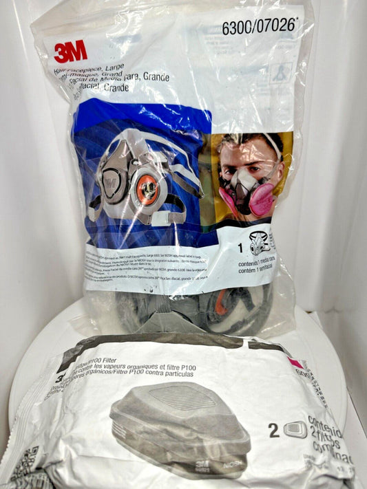 3M 6300/07026 Half Facepiece LARGE Respirator + 2-Pack 60921 Filter SET