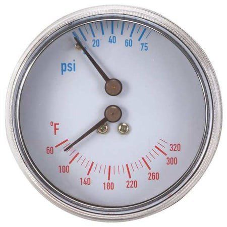 Zoro Select 4Cfc4 Boiler Gauge, Round, 0-75 Psi, 60 To 260 F, Case Color: Black