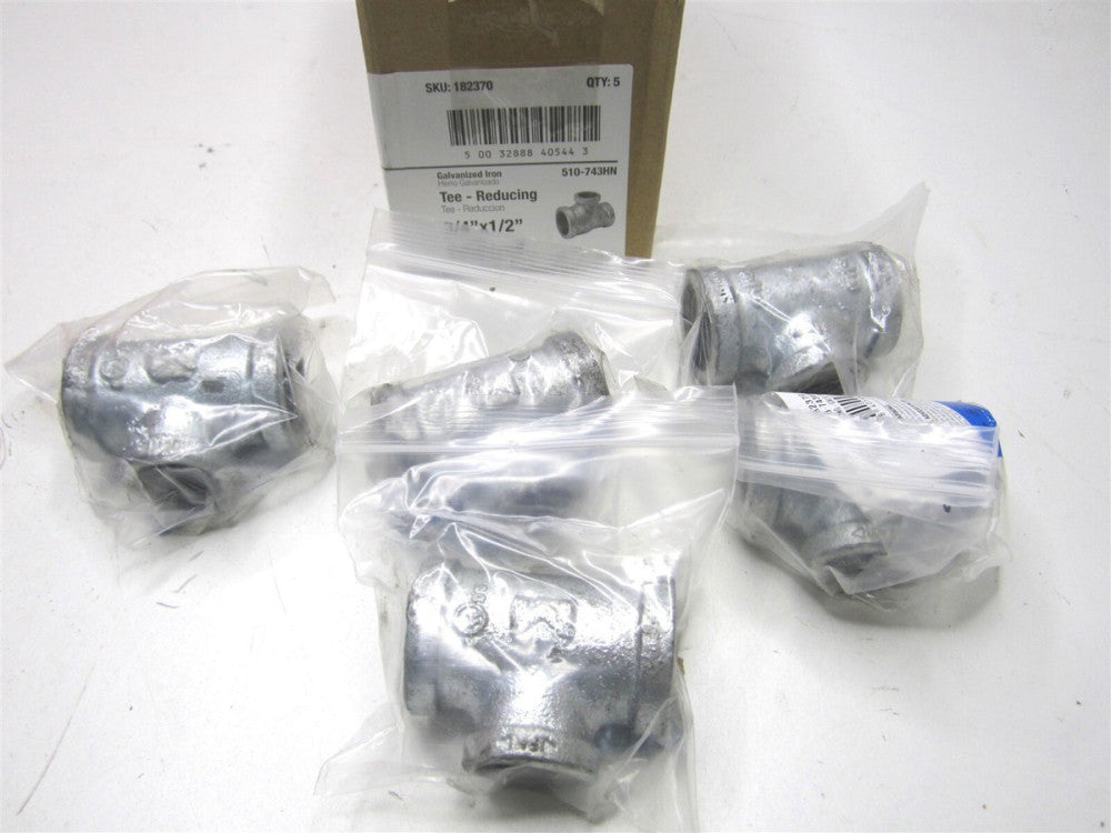 Southland 3/4"x3/4"x1/2" Galvanized Malleable Iron Reducing Tee Fitting - Qty 5