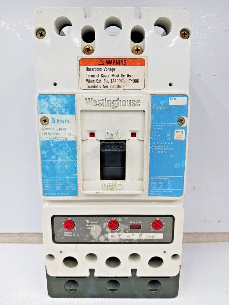 Westinghouse 400 Amp Circuit Breaker 3 Pole 240 VAC 65kA DK3400W W/ 400 Amp Trip