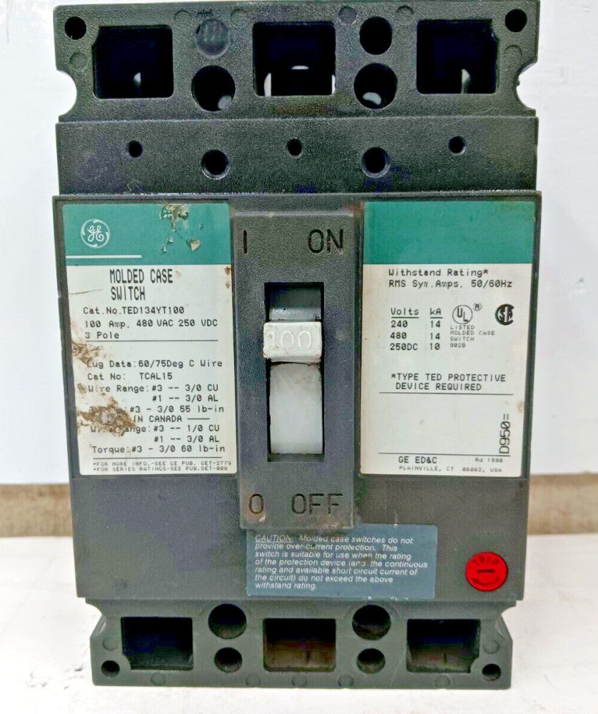 GE 100 AMP MOLDED CASE SWITCH 3 POLE 480 VAC TED134YT100