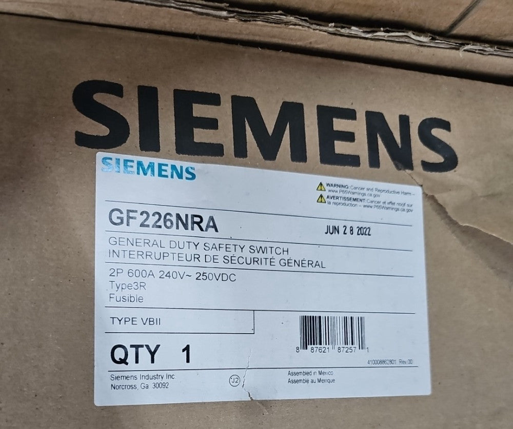 NEW Siemens GF226NRA 600 Amp 240V 2 Pole Fused 3R General Duty Safety Switch New