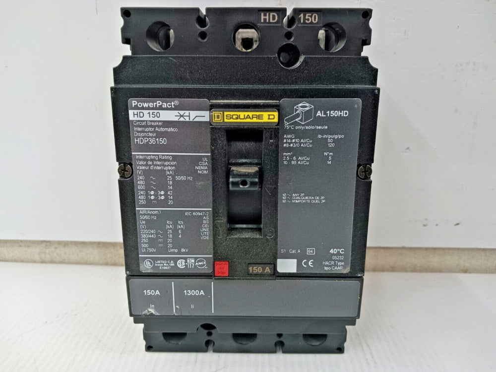 SQUARE D 150 AMP POWERPACT CIRCUIT BREAKER 3 POLE 600 VAC / 250 VDC HDP36150