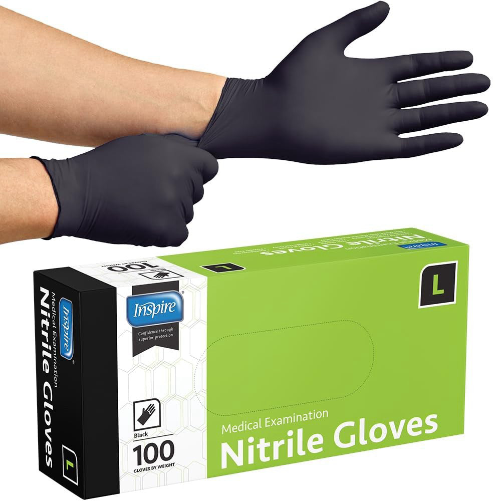 Inspire Black Nitrile Disposable Gloves | 4.5 Large, 