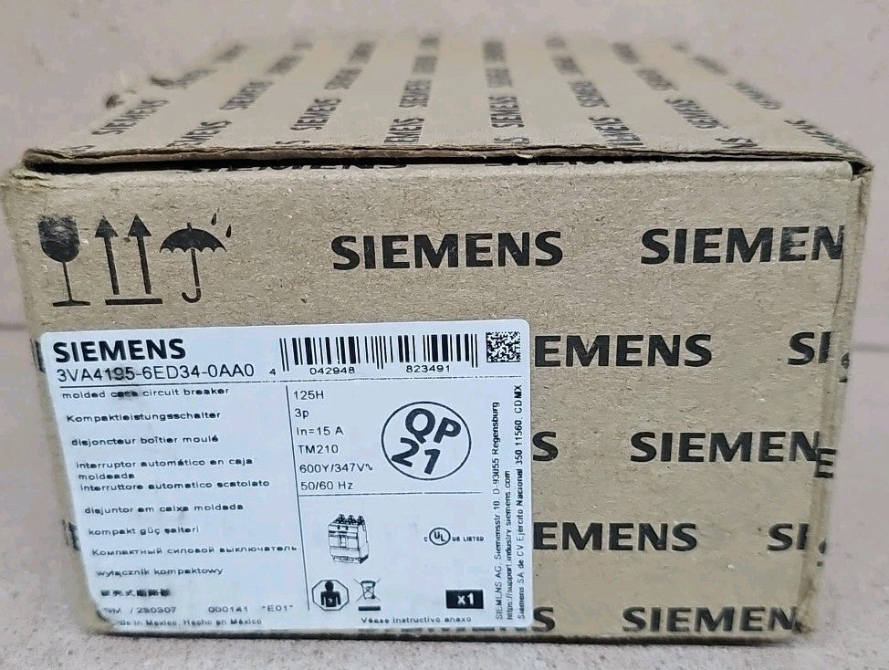 1) New Old Stock Siemens 3VA4195-6ED34-0AA0 15 Amp 600V 3 Pole Type 3VA4 Breaker