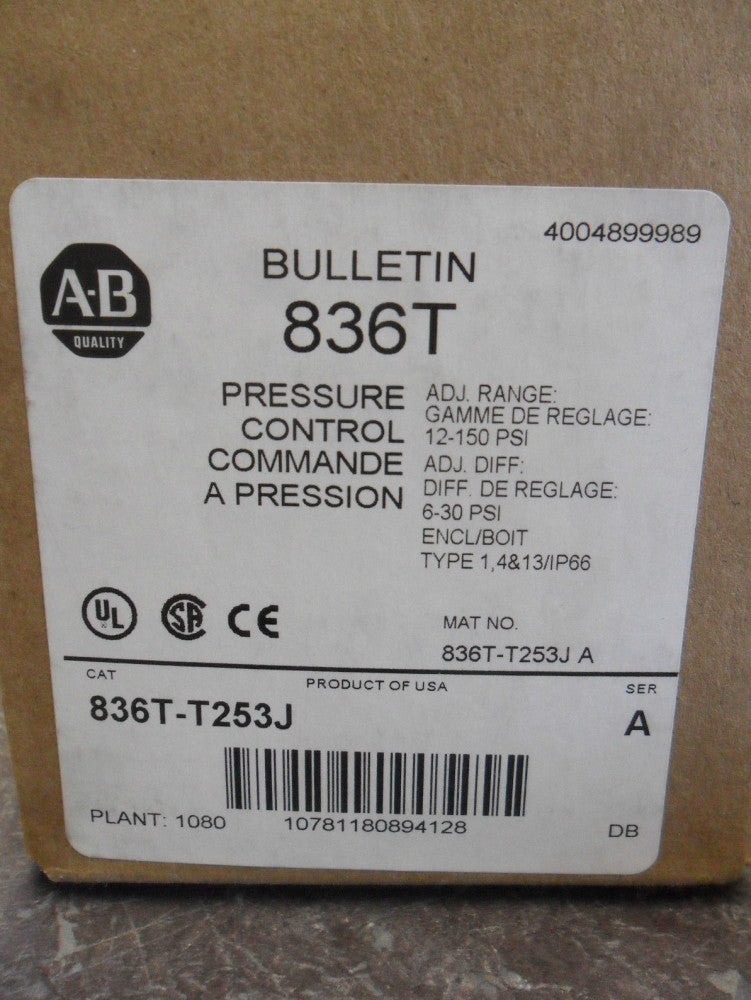 NEW ALLEN BRADLEY 836T-T253J  OILTIGHT PRESSURE CONTROL SWITCH 12-150 PSI NIB