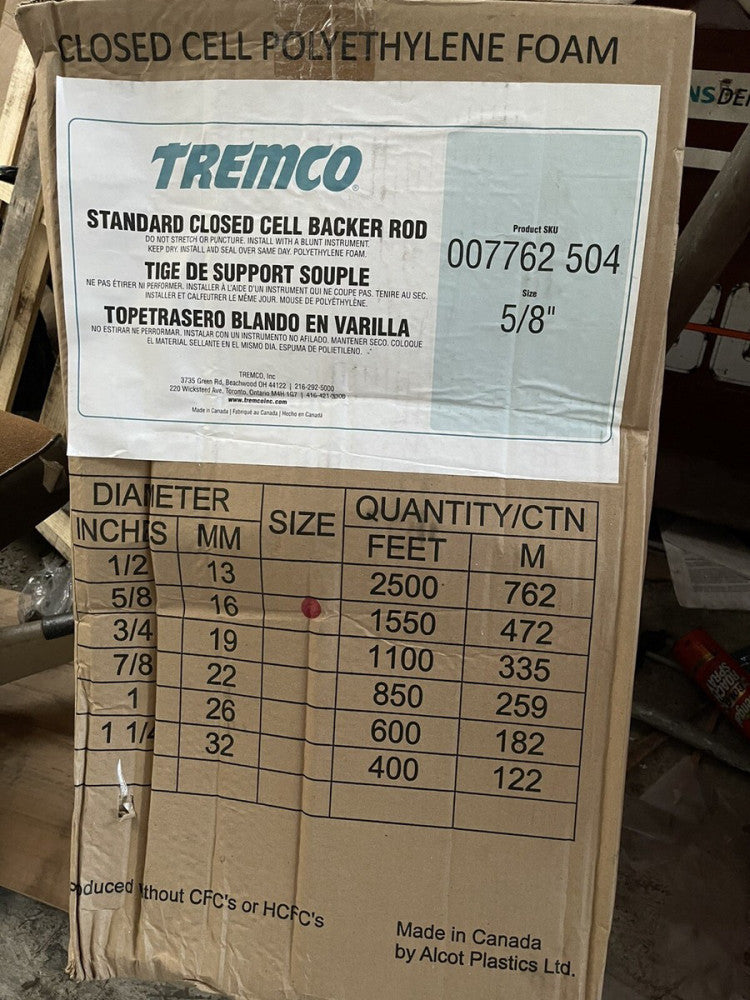 TREMCO STANDARD CLOSED CELL BACKER ROD 5/8", 1550FT, 472M, 16MM, 007762 504
