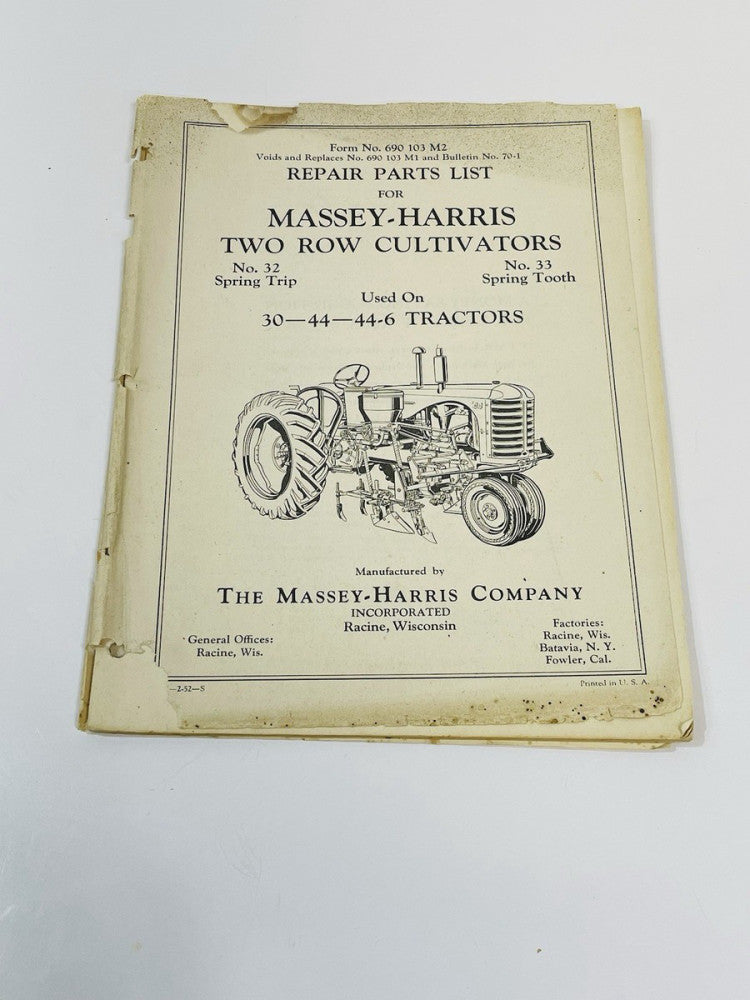 1952 Massey-Harris Cultivators Repair Parts Catalog used on 30 44 44-6 Tractors