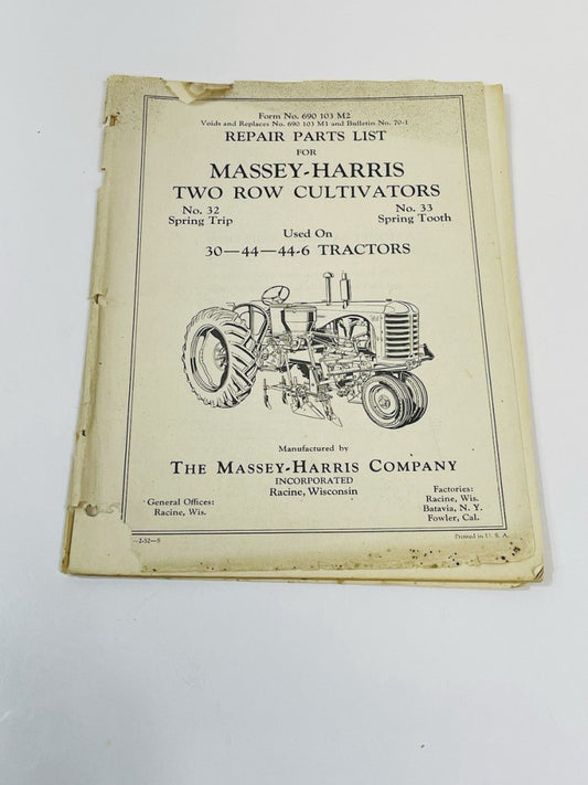 1952 Massey-Harris Cultivators Repair Parts Catalog used on 30 44 44-6 Tractors