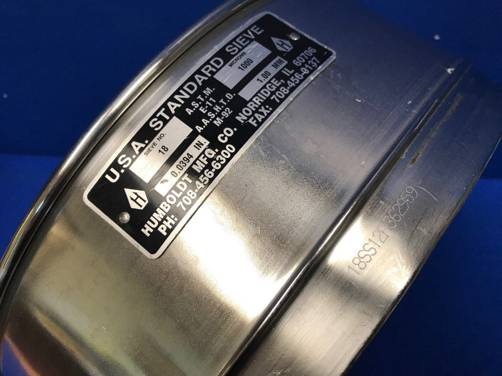 HUMBOLDT No. 18 USA Standard Testing Sieve, STAINLESS STEEL 12"Dia x 3-1/4"Deep