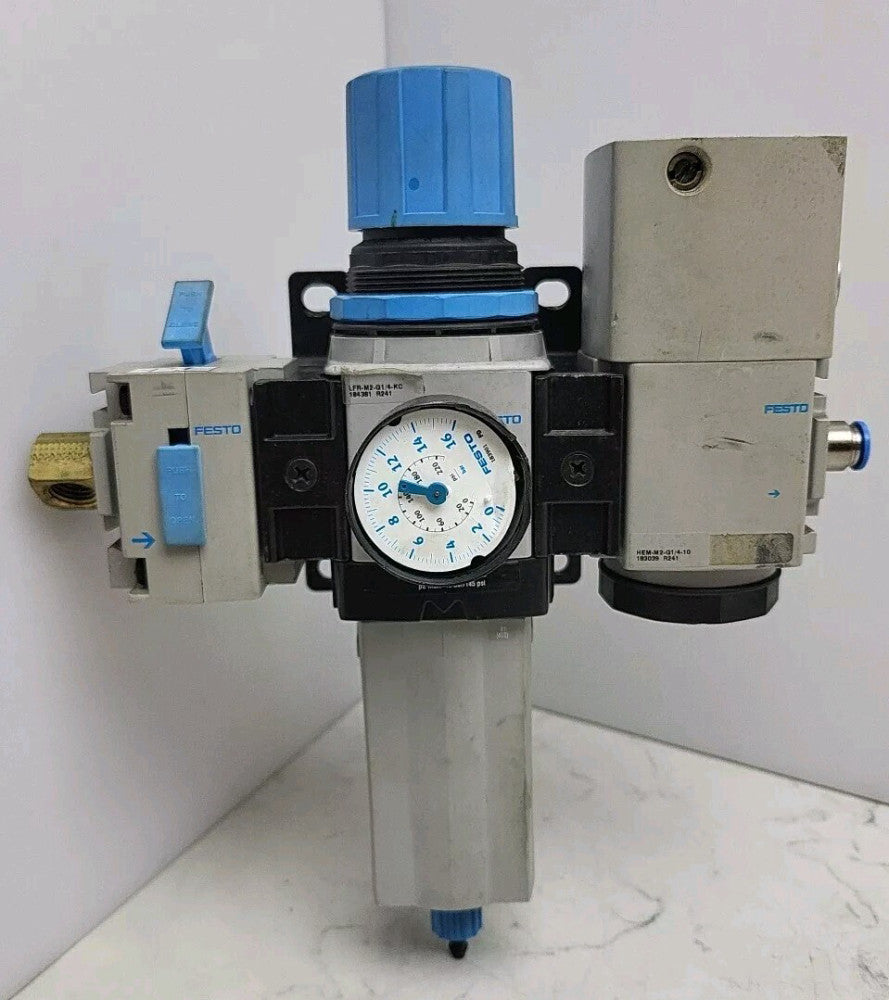 Festo LFR-M2-G1/4-KC Filter Regulator w/ HEM-M2-H1/4-10 HEA-M2-G1/4 Shut Off