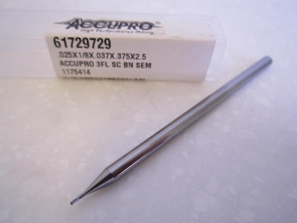 (61729729) 0.025 x 0.037 x 3 x 1/8 x 2-1/2 OAL Flute Solid Carbide Ball End Mill