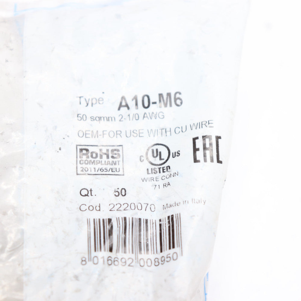 (50-Pk) Cembre Non-Insulated Crimping Lug 2-1/0 AWG 1/4" Stud Size A10-M6