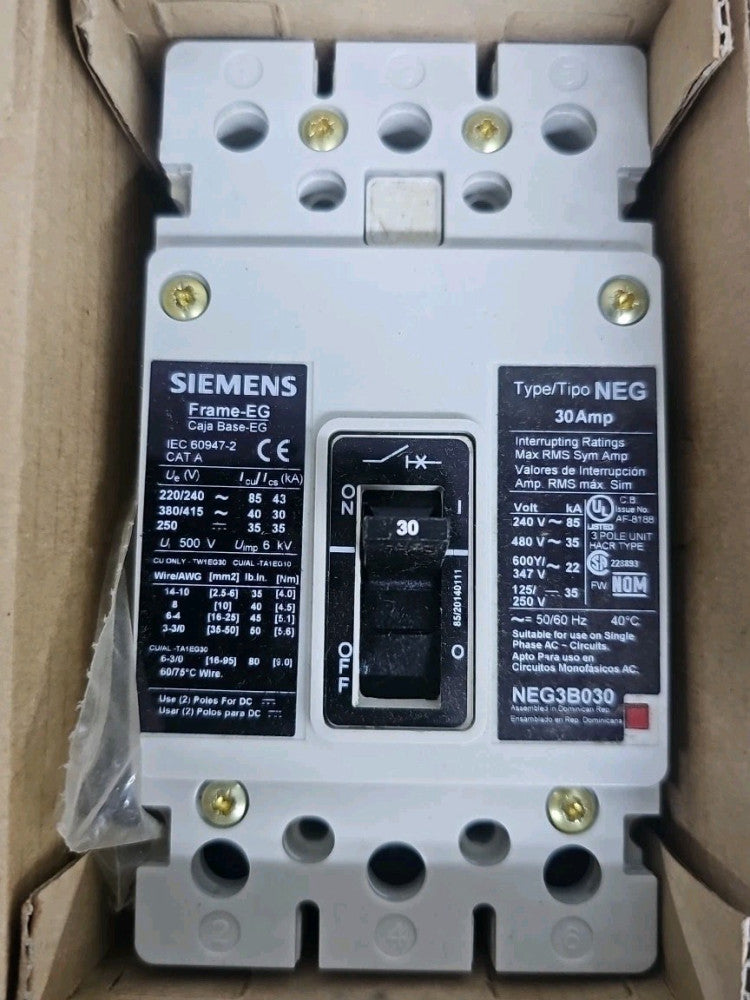 SIEMENS NEG3B030L CIRCUIT BREAKER, 30A, 3P, 35kA@480V NOS