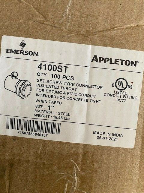 (100 Pack) APPLETON 4100ST 1" EMT SET SCREW INSLATED CONNECTOR
