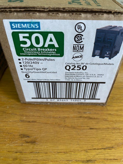 (6 PACK) Siemens Q250 2 Pole 50 Amp 120/240v Circuit Breaker Type QP (NEW)