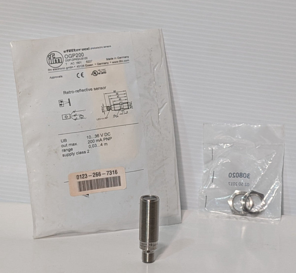 IFM Electronic OGP200 OGP-DPKG/US100 Retro-Reflective Sensor, Steel, Threaded