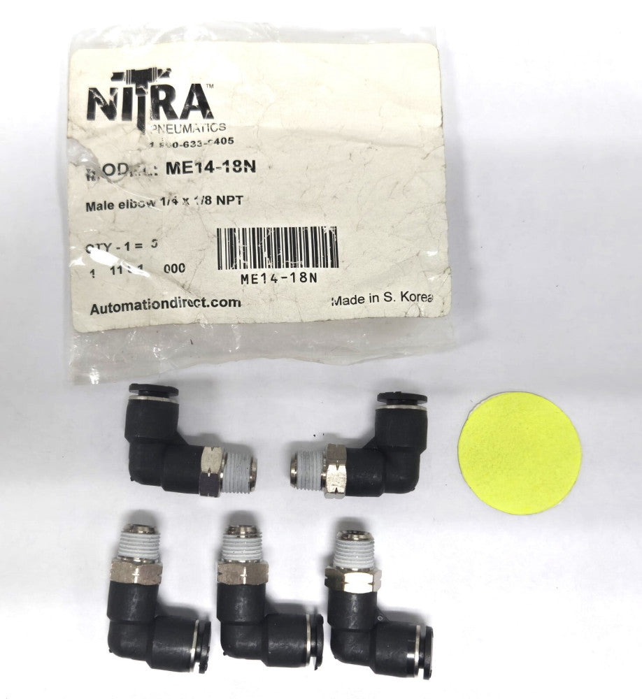 NITRA PNEUMATICSMAKE ELBOW 1/4" X 1/8" NPT  MODEL ME14-18N   LOT OF 5