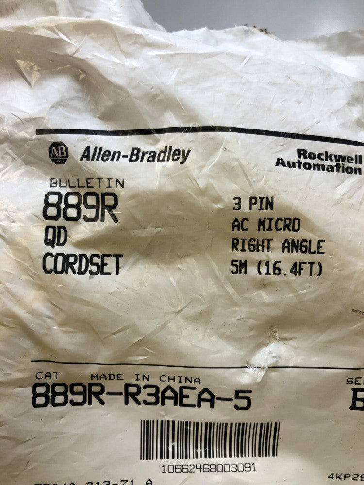 Allen Bradley 889R-R3AEA-5 Cord Set 3-pin AC Micro Right Angle 5m NEW  FAST SHIP