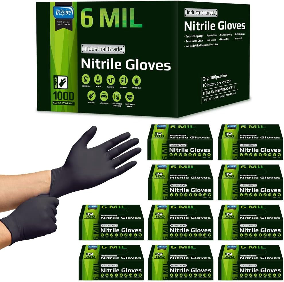 Inspire HEAVY DUTY 6Mil ORIGINAL Quality Stretch Nitrile Black Gloves Disposable